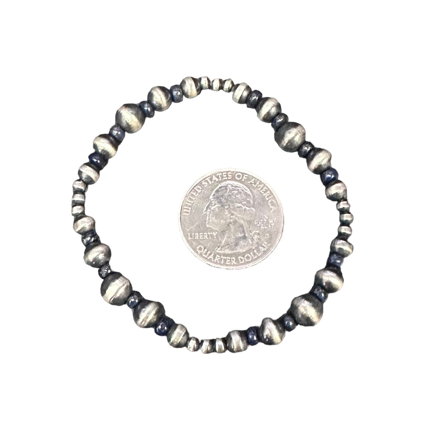 Lapis Navajo Pearl Oxidized Bead Stretch Bracelet Sterling Silver