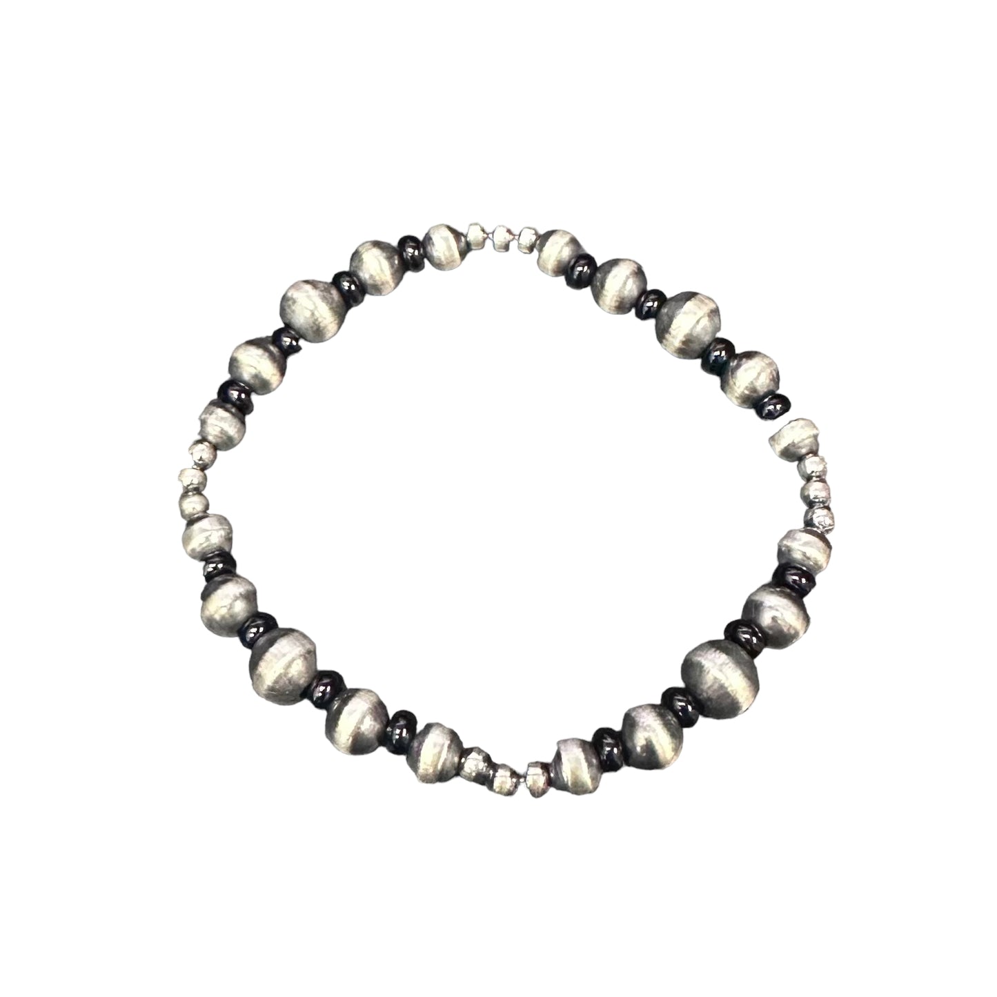 Onyx Navajo Pearl Oxidized Bead Stretch Bracelet Sterling Silver