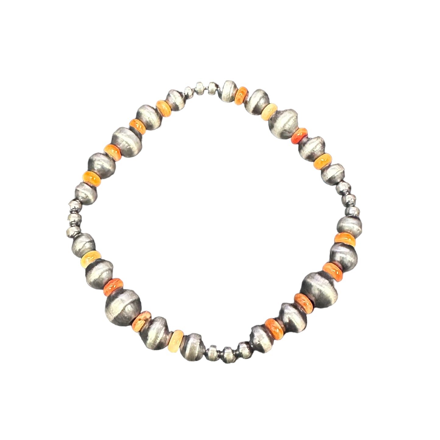 Orange Spiny Oyster Navajo Pearl Oxidized Bead Stretch Bracelet Sterling Silver