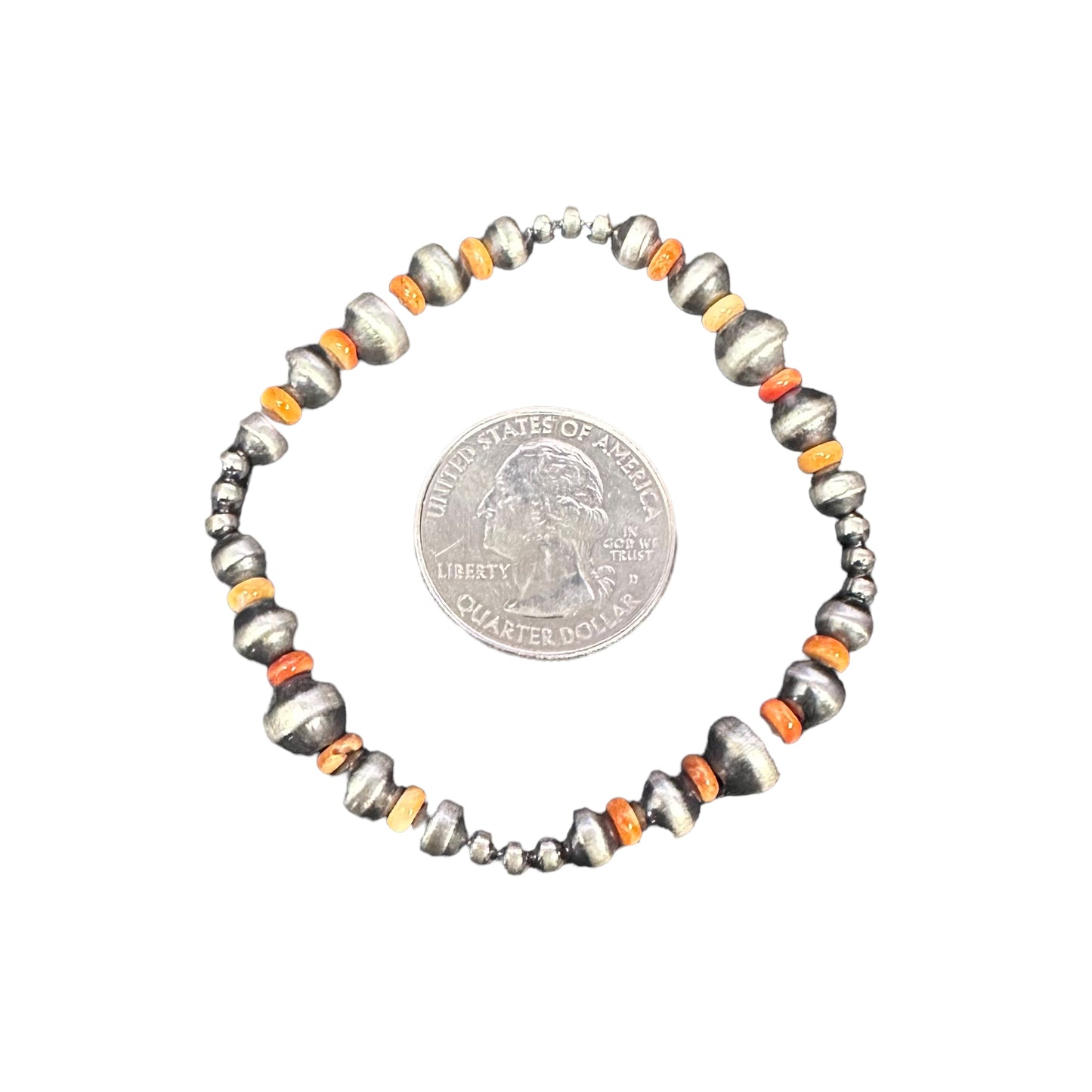 Orange Spiny Oyster Navajo Pearl Oxidized Bead Stretch Bracelet Sterling Silver