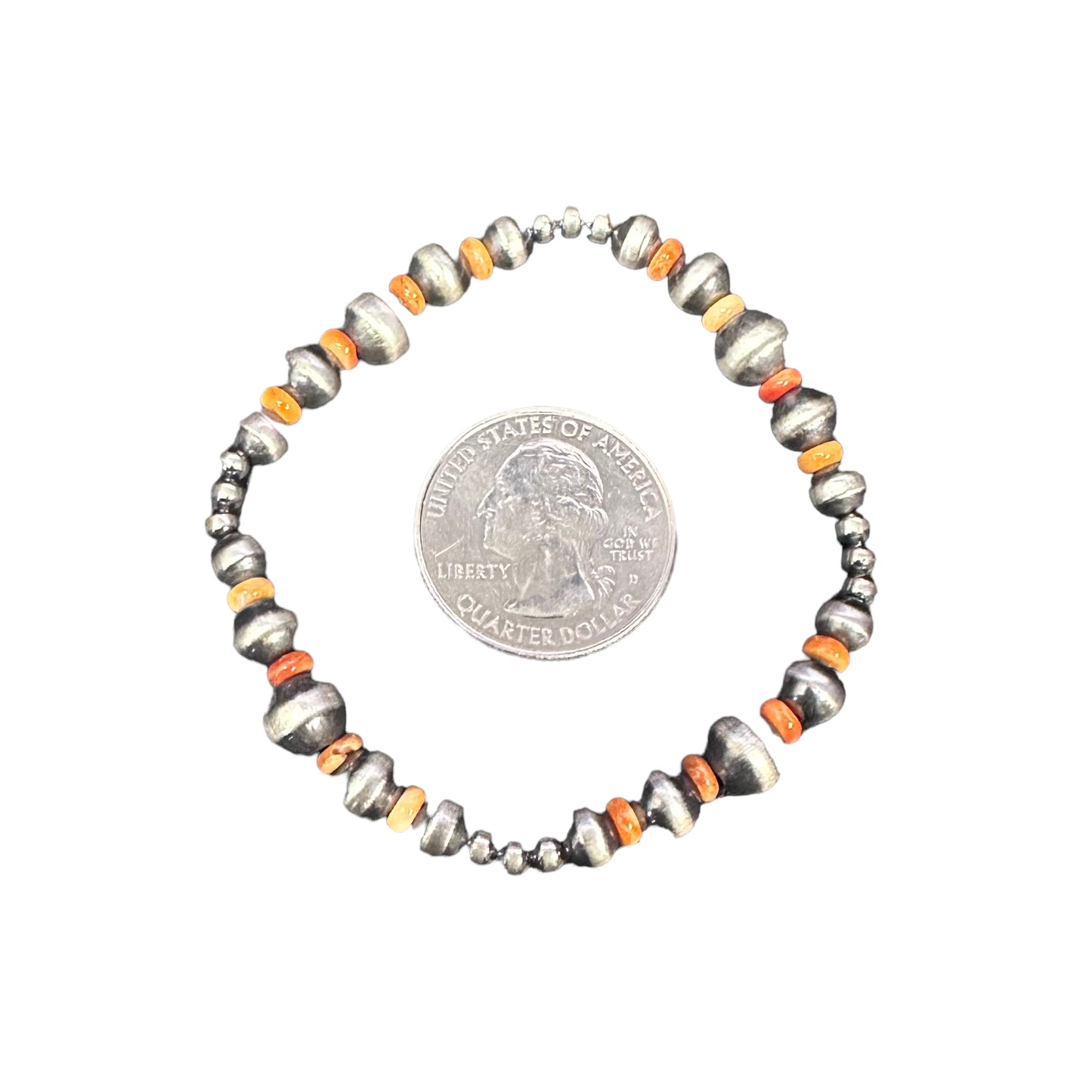 Orange Spiny Oyster Desert Pearls Oxidized Bead Stretch Bracelet Sterling Silver