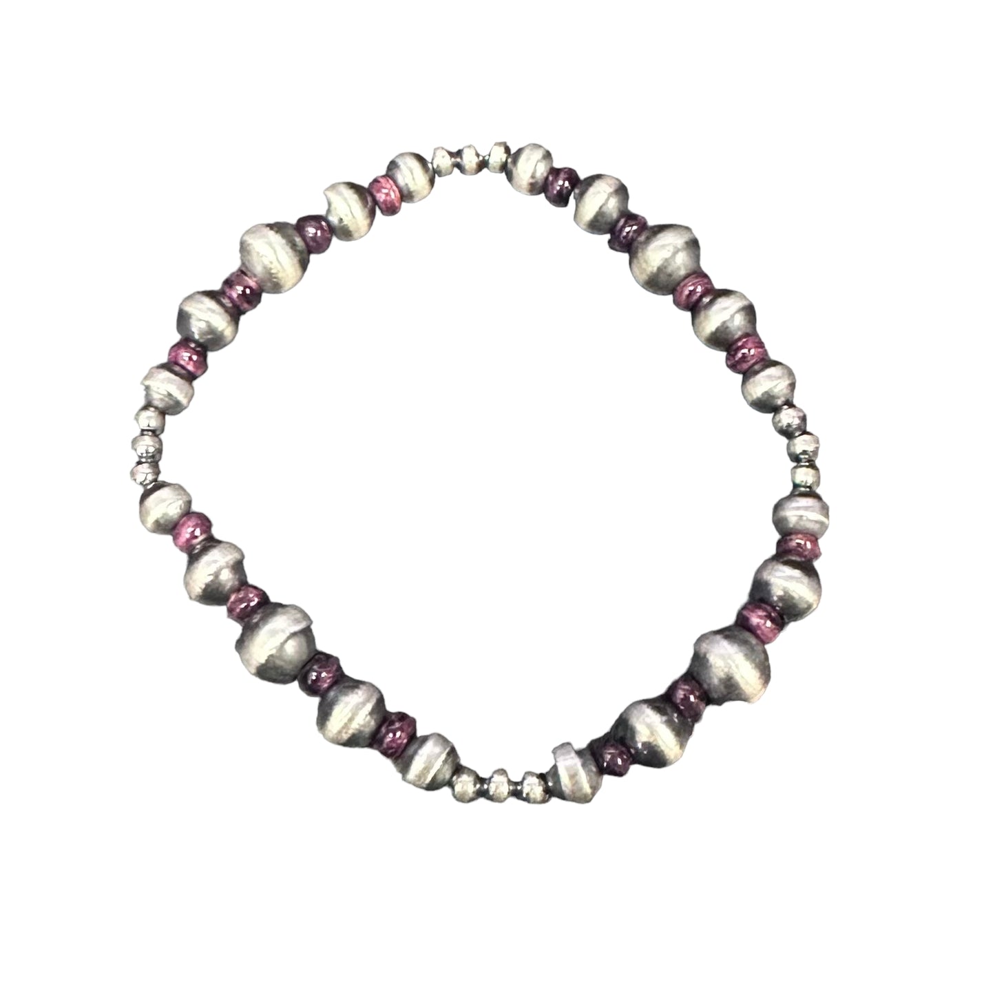 Purple Spiny Oyster Navajo Pearl Oxidized Bead Stretch Bracelet Sterling Silver