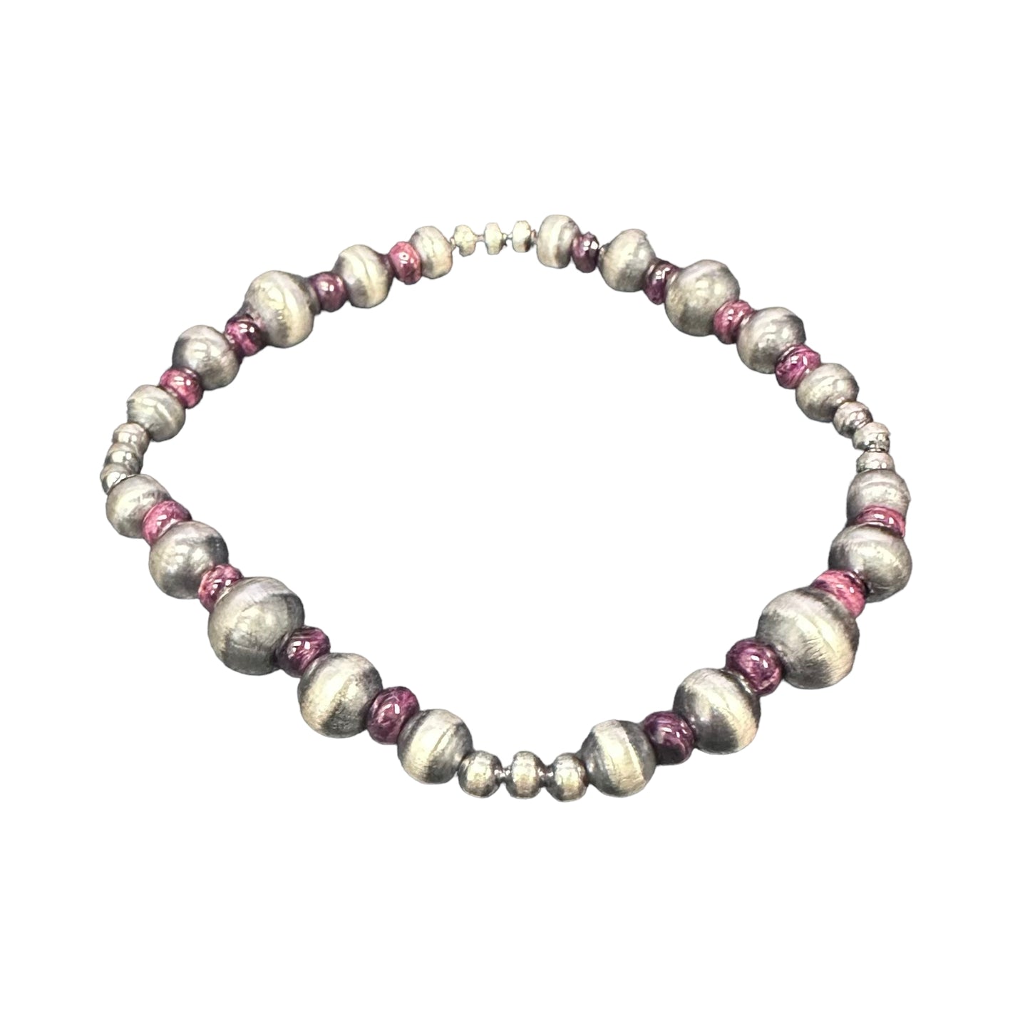 Purple Spiny Oyster Navajo Pearl Oxidized Bead Stretch Bracelet Sterling Silver