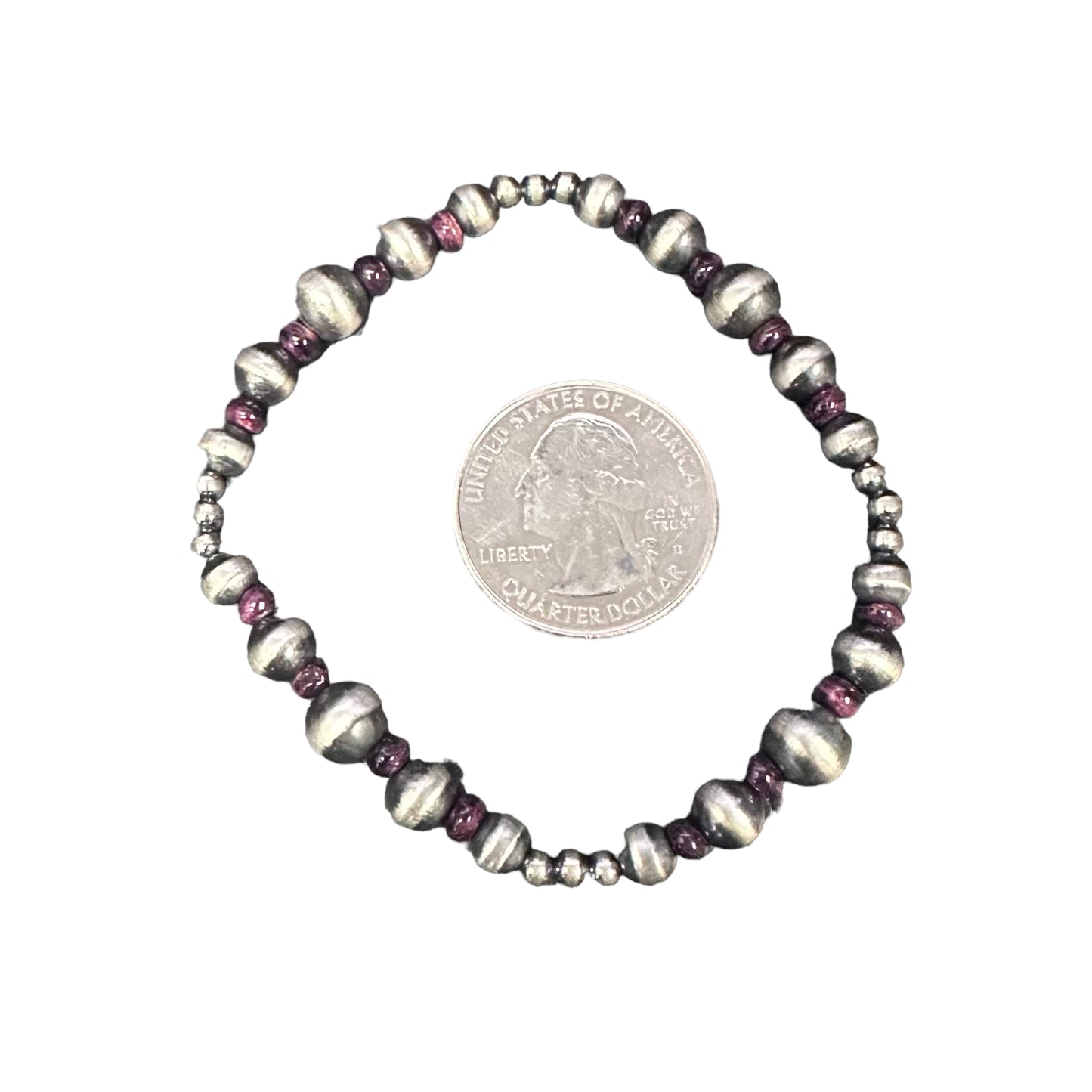 Purple Spiny Oyster Navajo Pearl Oxidized Bead Stretch Bracelet Sterling Silver