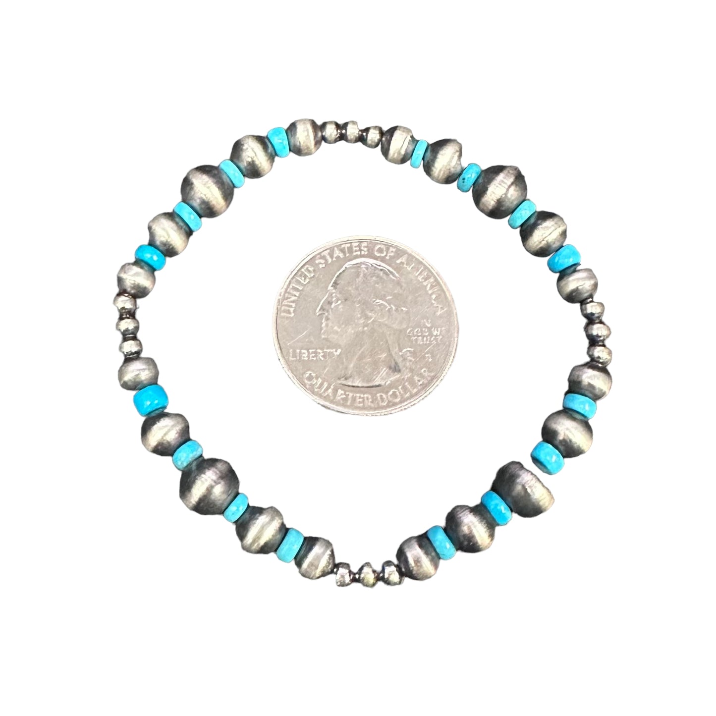 Blue Turquoise Navajo Pearl Oxidized Bead Stretch Bracelet Sterling Silver