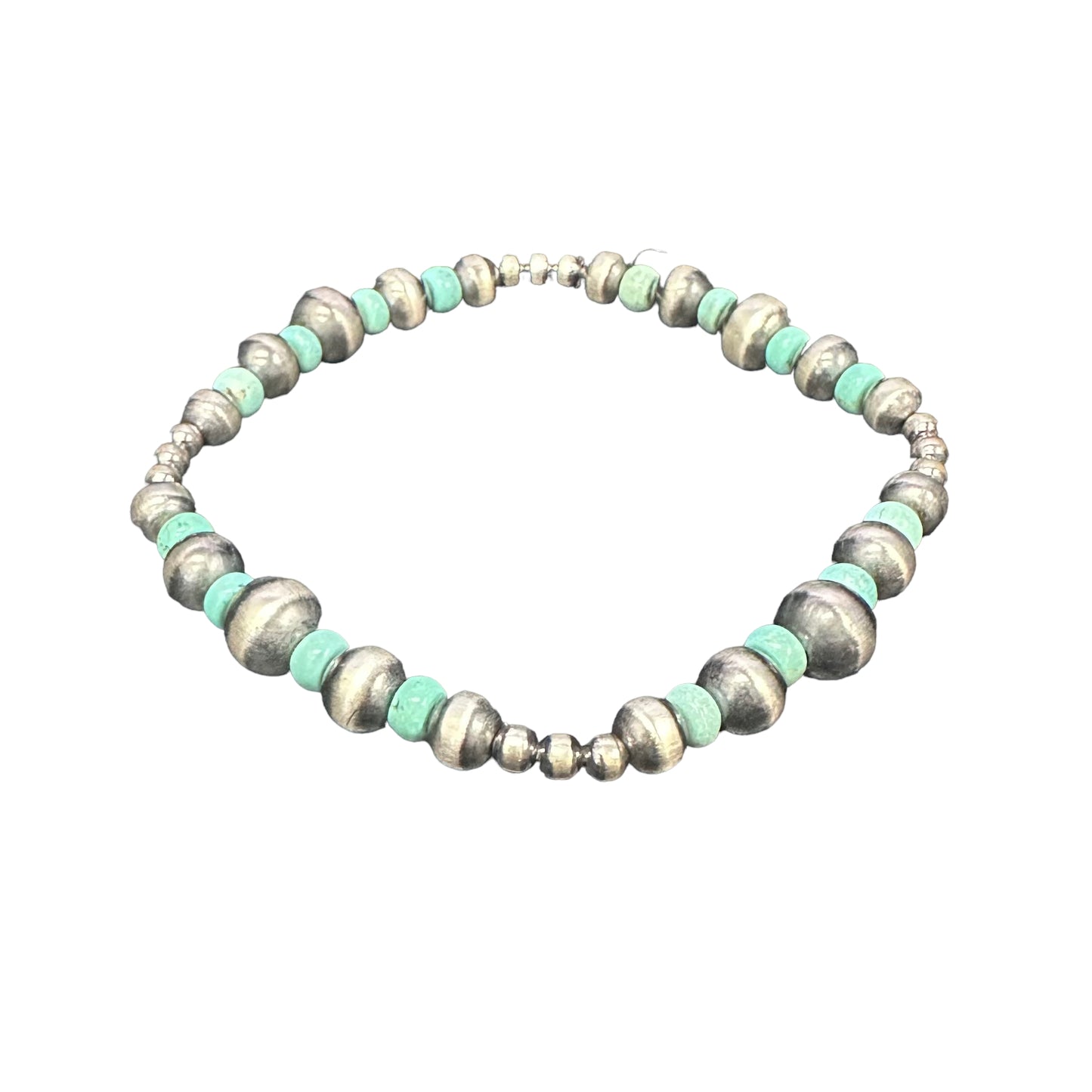 Turquoise Navajo Pearl Oxidized Bead Stretch Bracelet Sterling Silver