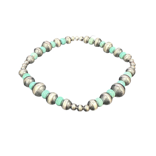 Turquoise Navajo Pearl Oxidized Bead Stretch Bracelet Sterling Silver