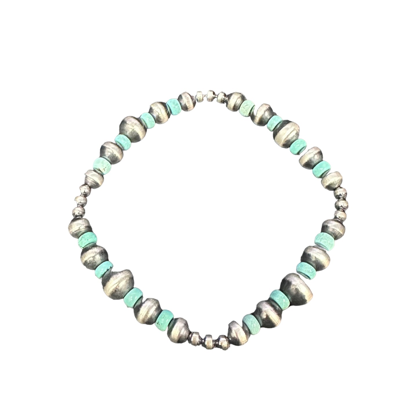 Green Turquoise Desert Pearls Oxidized Bead Stretch Bracelet Sterling Silver