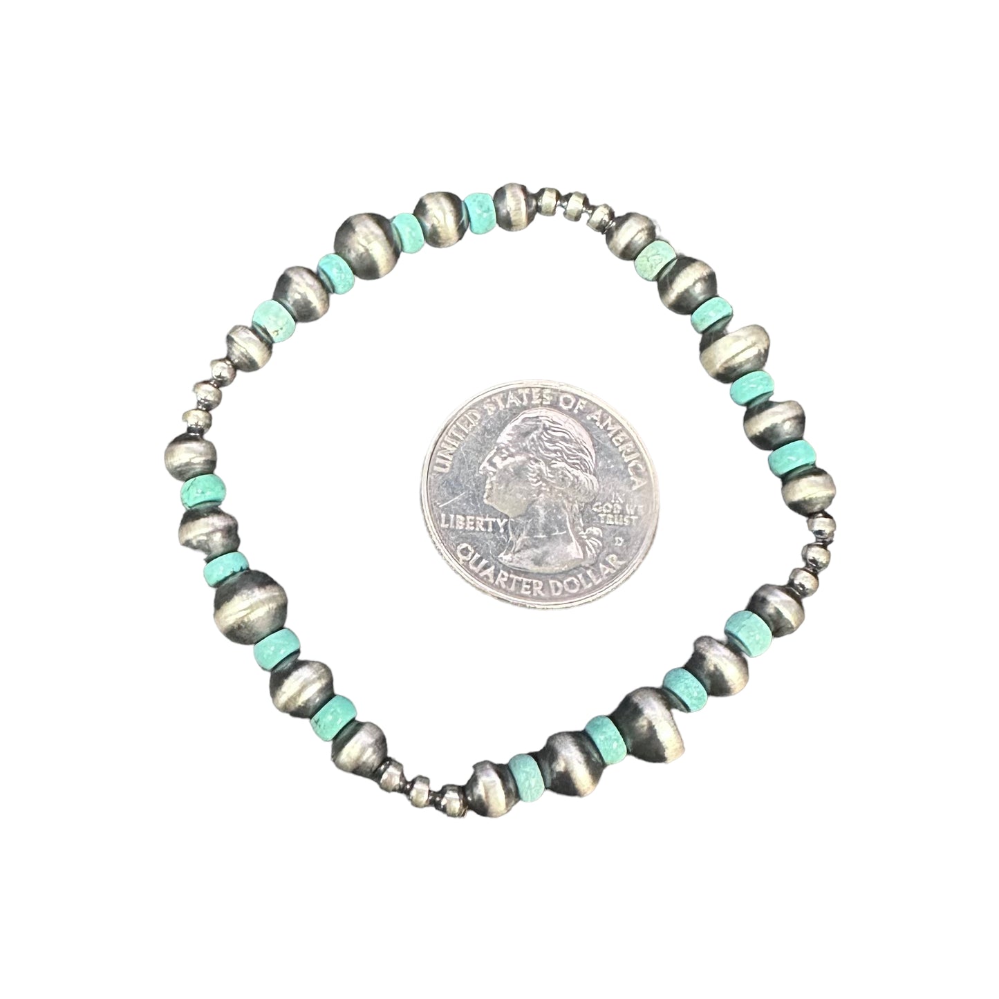Green Turquoise Desert Pearls Oxidized Bead Stretch Bracelet Sterling Silver