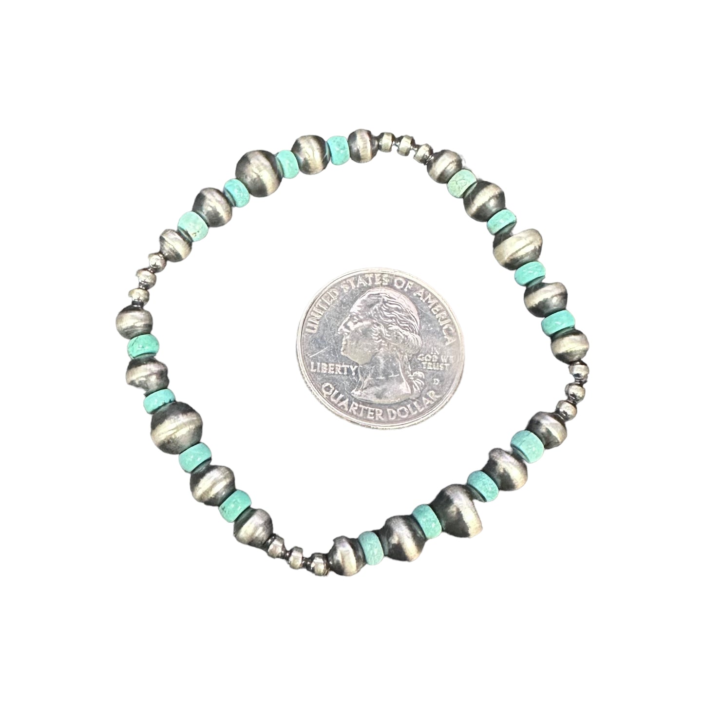 Turquoise Navajo Pearl Oxidized Bead Stretch Bracelet Sterling Silver