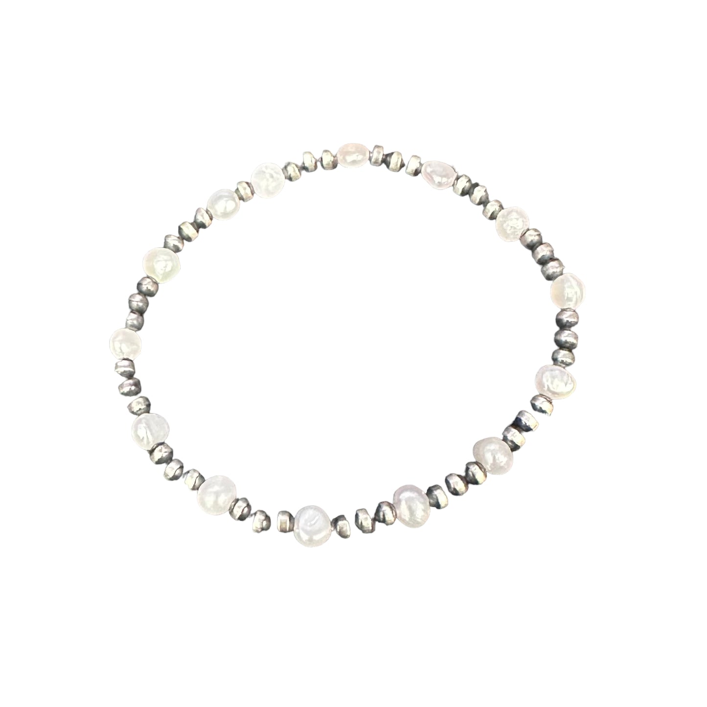 White Pearl & Desert Pearls Oxidized Bead Stretch Bracelet Sterling Silver