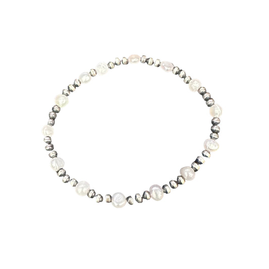 White Pearl & Desert Pearls Oxidized Bead Stretch Bracelet Sterling Silver