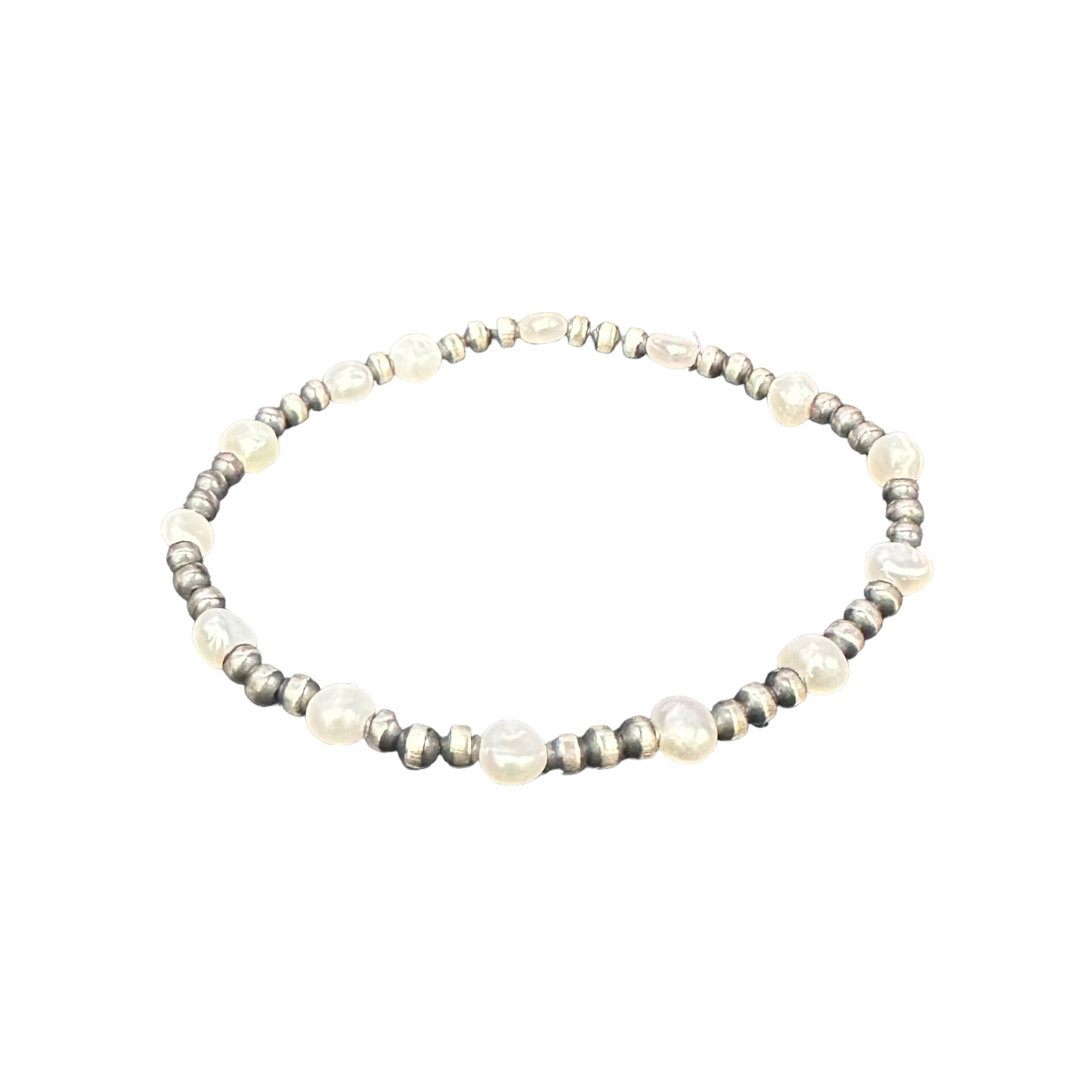 White Pearl & Navajo Pearl Oxidized Bead Stretch Bracelet Sterling Silver