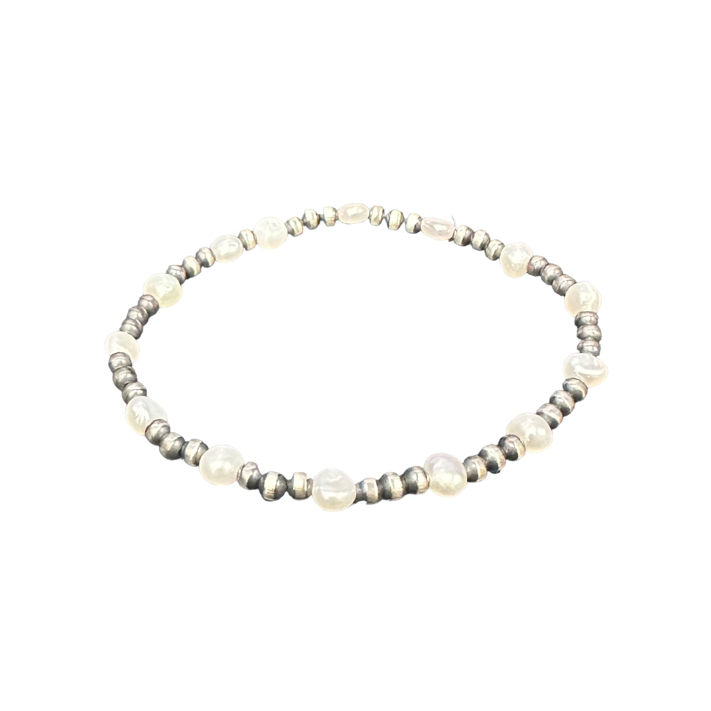 White Pearl & Desert Pearls Oxidized Bead Stretch Bracelet Sterling Silver
