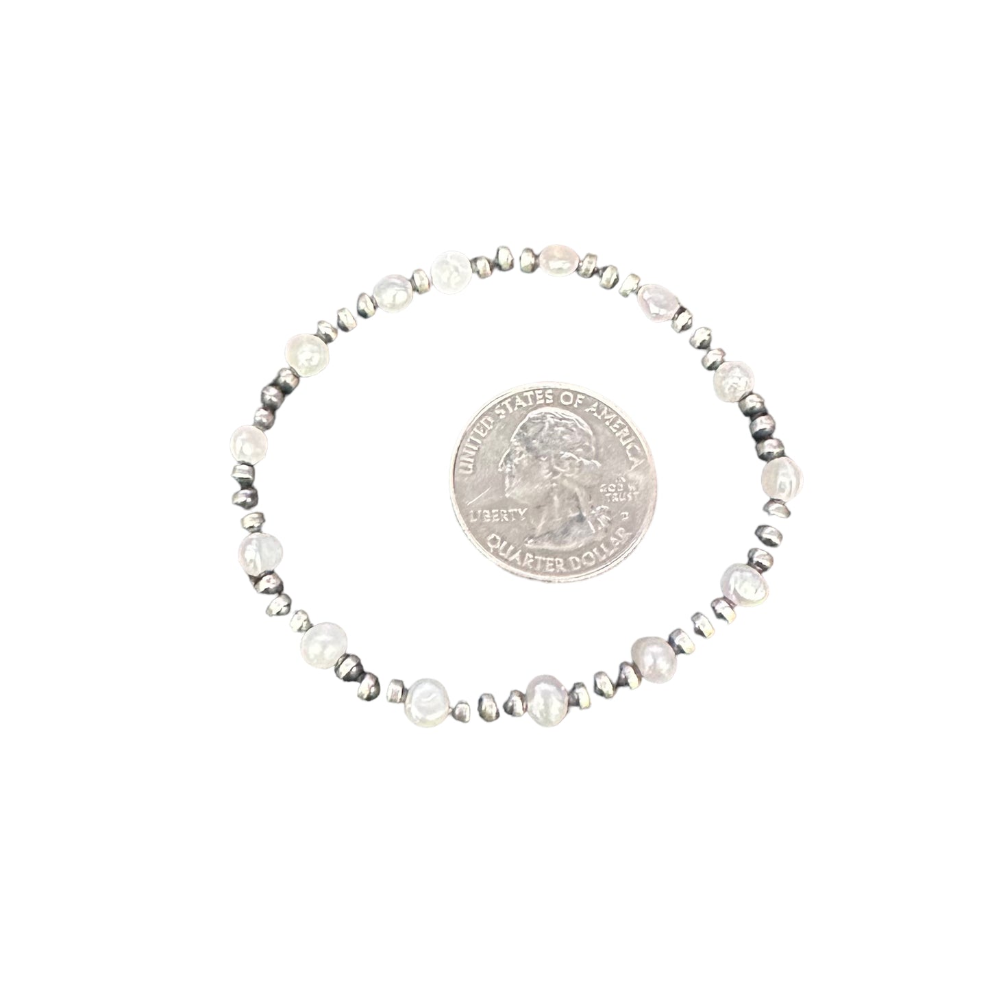 White Pearl & Navajo Pearl Oxidized Bead Stretch Bracelet Sterling Silver