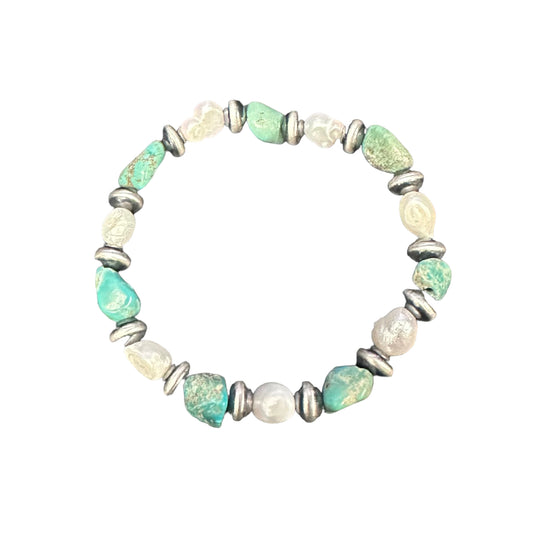 Pearl & Turquoise Navajo Pearl Oxidize Bead Stretch Bracelet Sterling Silver