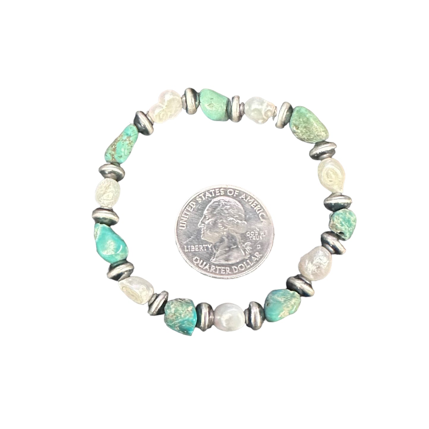 Pearl & Turquoise Desert Pearls Oxidized Bead Stretch Bracelet Sterling Silver