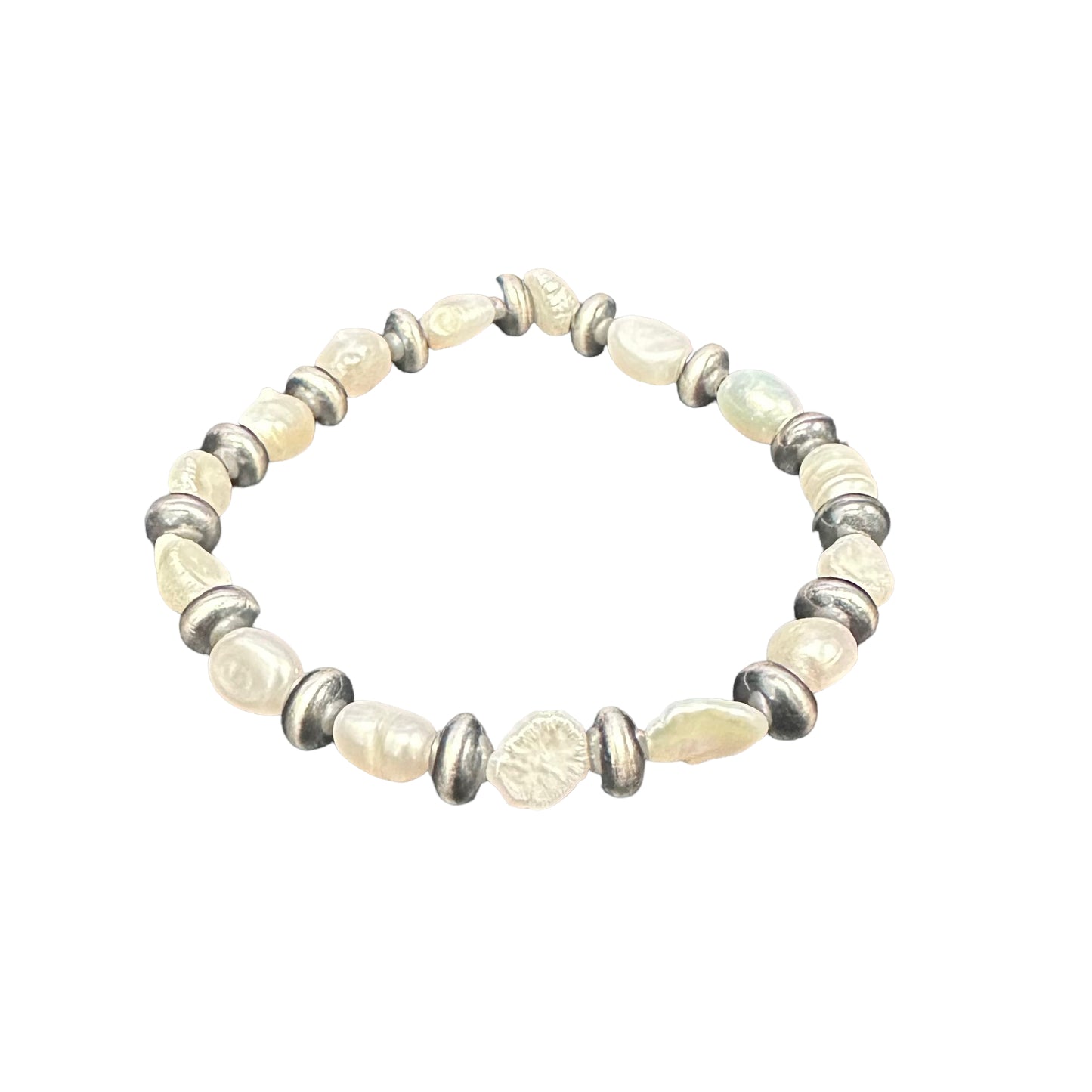 White Pearl & Desert Pearls Oxidized Saucer Bead Stretch Bracelet Sterling Silver