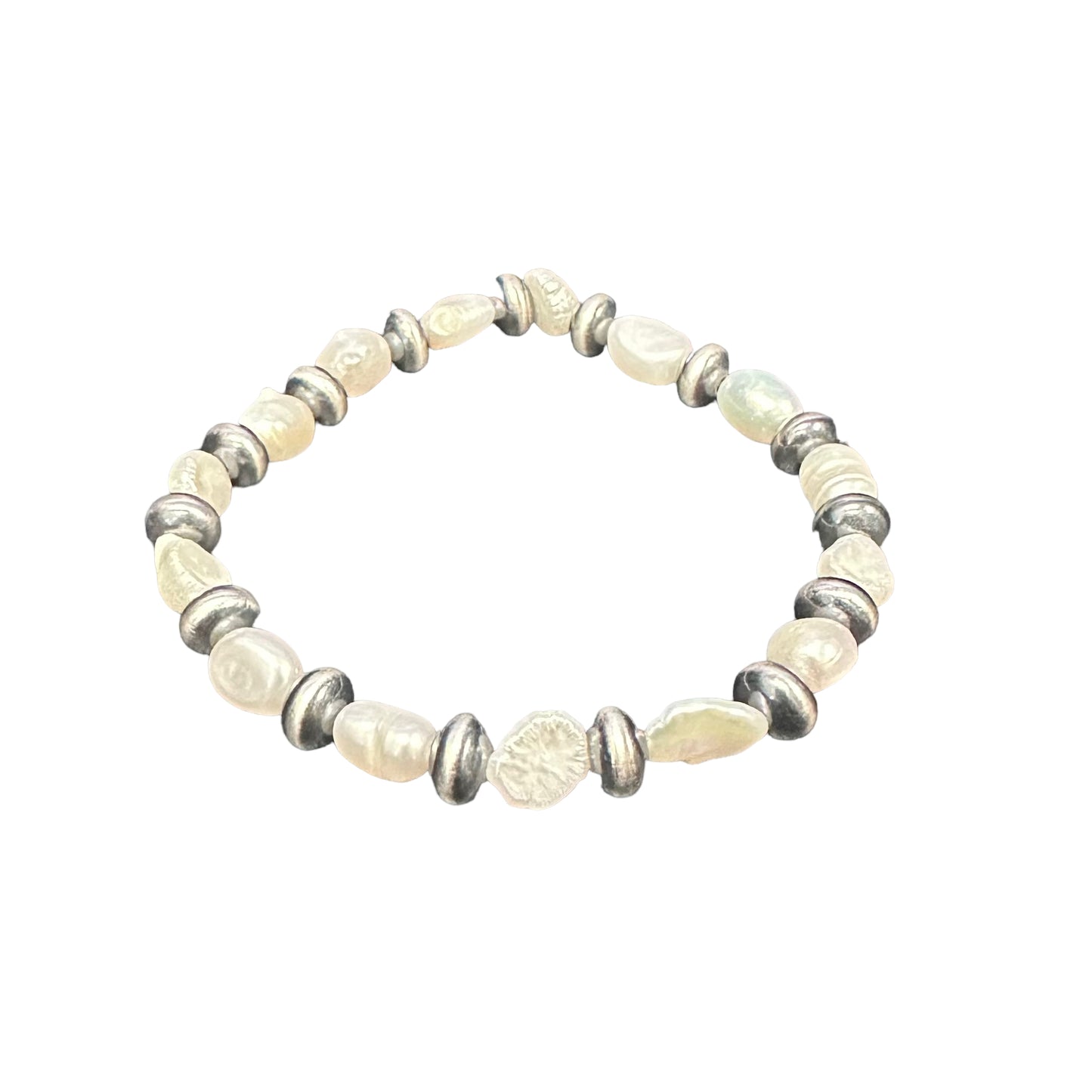 White Pearl & Navajo Pearl Oxidized Saucer Bead Stretch Bracelet Sterling Silver