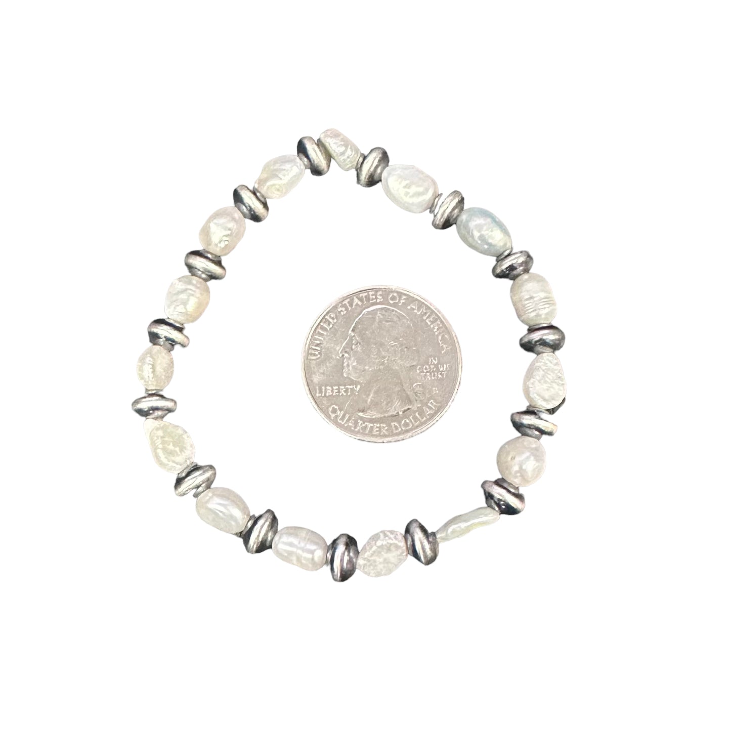 White Pearl & Desert Pearls Oxidized Saucer Bead Stretch Bracelet Sterling Silver