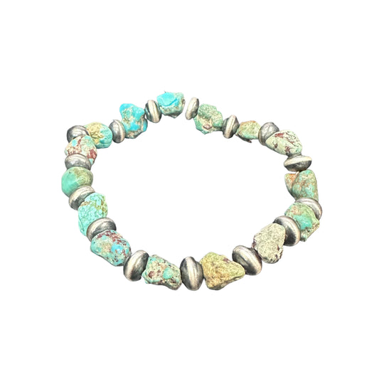 Turquoise Navajo Pearl Oxidized Saucer Bead Stretch Bracelet Sterling Silver