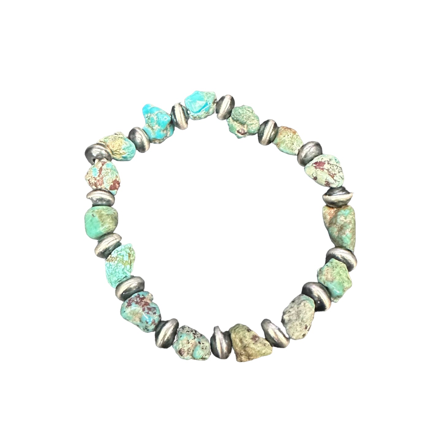 Turquoise Desert Pearls Oxidized Saucer Bead Stretch Bracelet Sterling Silver