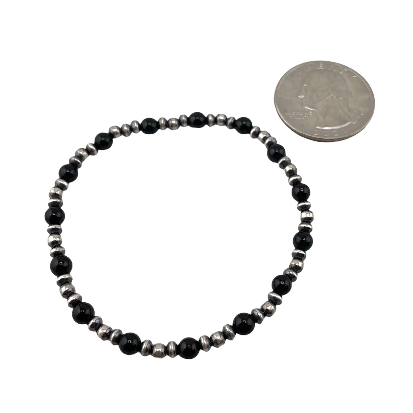 Black Onyx Desert Pearls Oxidized Bead Stretch Bracelet Sterling Silver
