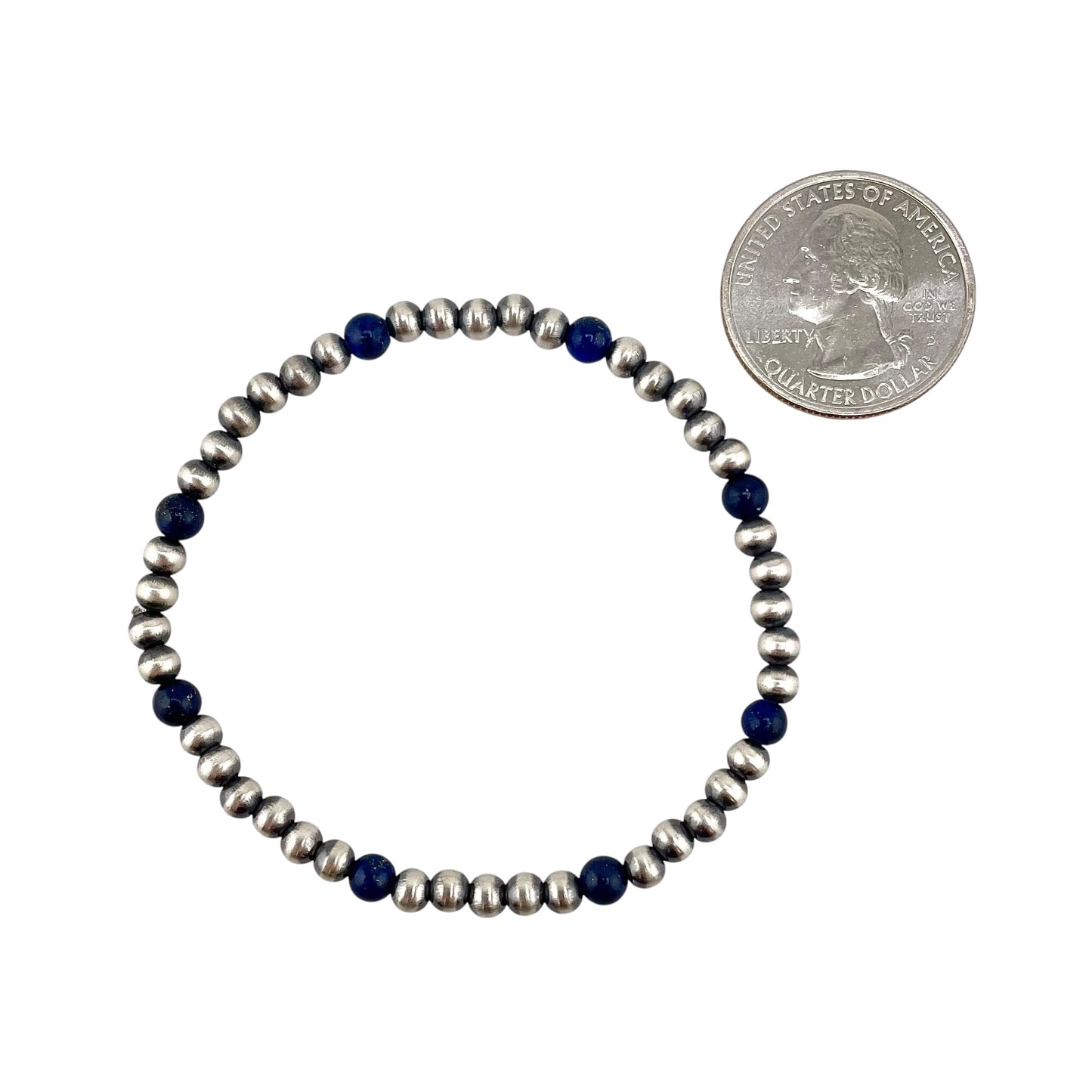 Lapis Desert Pearl 4mm Oxidized Round Bead Stretch Bracelet Sterling Silver
