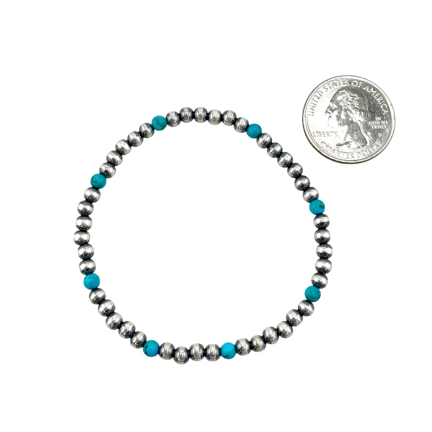 Blue Turquoise Desert Pearl 4mm Oxidized Round Bead Stretch Bracelet Sterling Silver