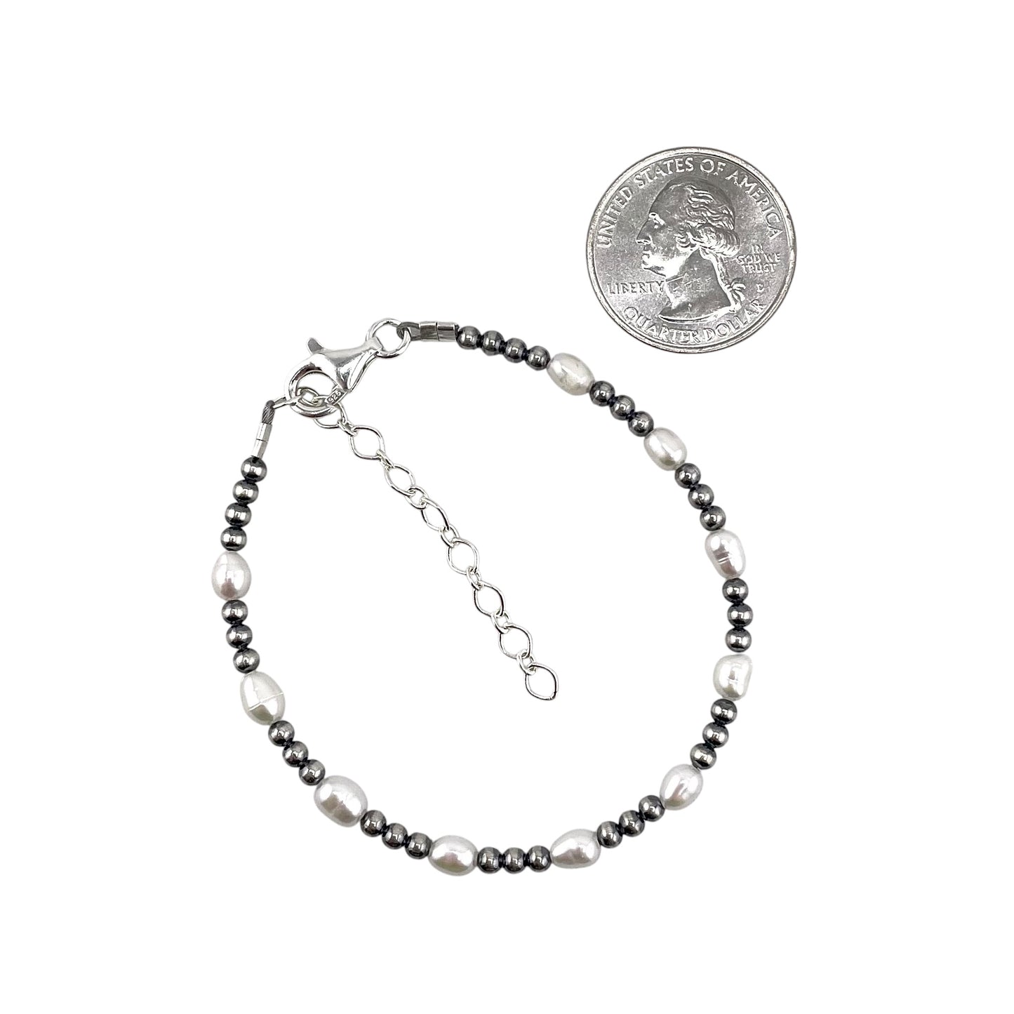 White Pearl & Desert Pearls Oxidized 3mm Bead Bracelet Sterling Silver