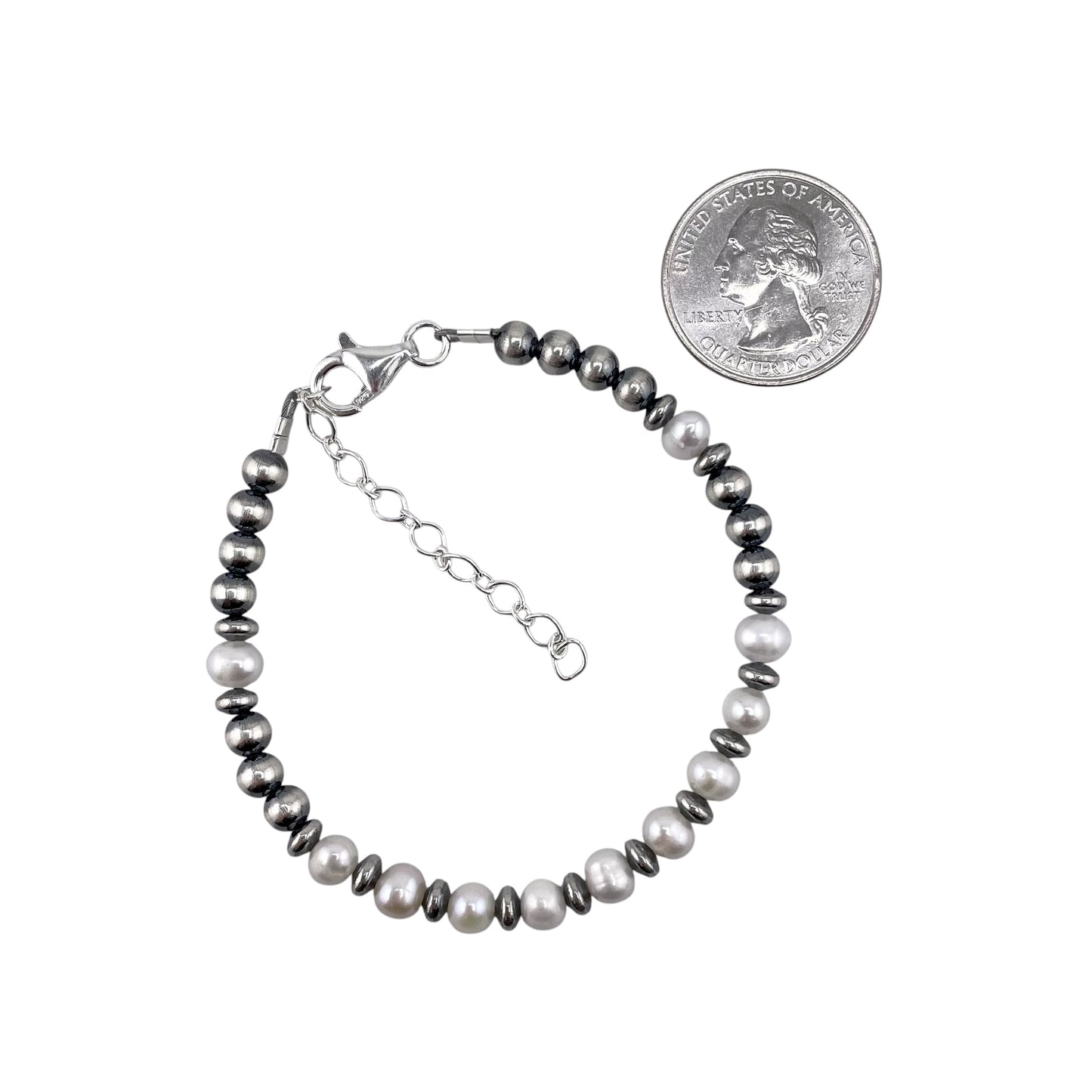 White Pearl & Desert Pearls 5mm Oxidized Bead Bracelet Sterling Silver