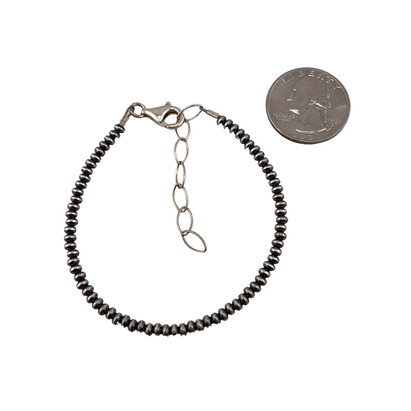 Sterling Silver Desert Pearls Oxidize Saucer Bead Bracelet w/ Extender Chain. Available from 3mm to 9mm