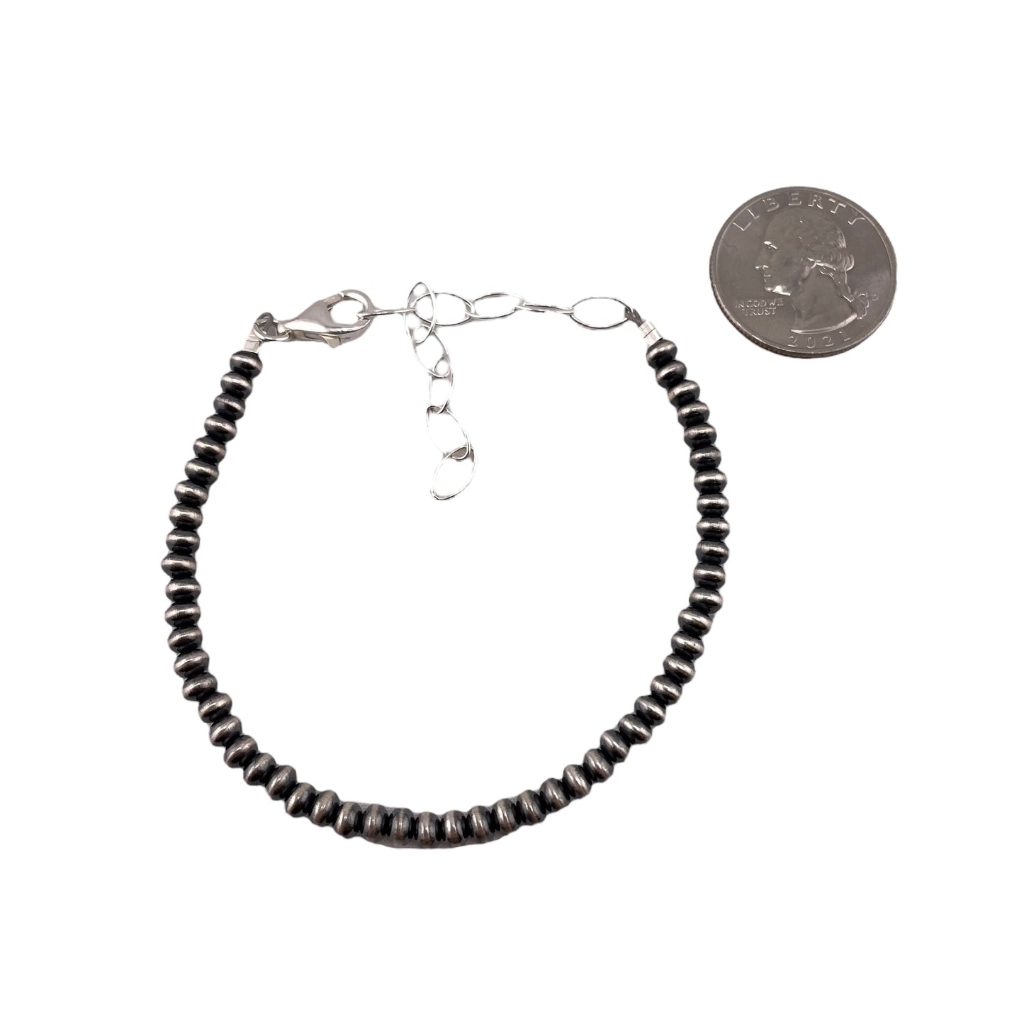 Sterling Silver Desert Pearls Oxidize Saucer Bead Bracelet w/ Extender Chain. Available from 3mm to 9mm