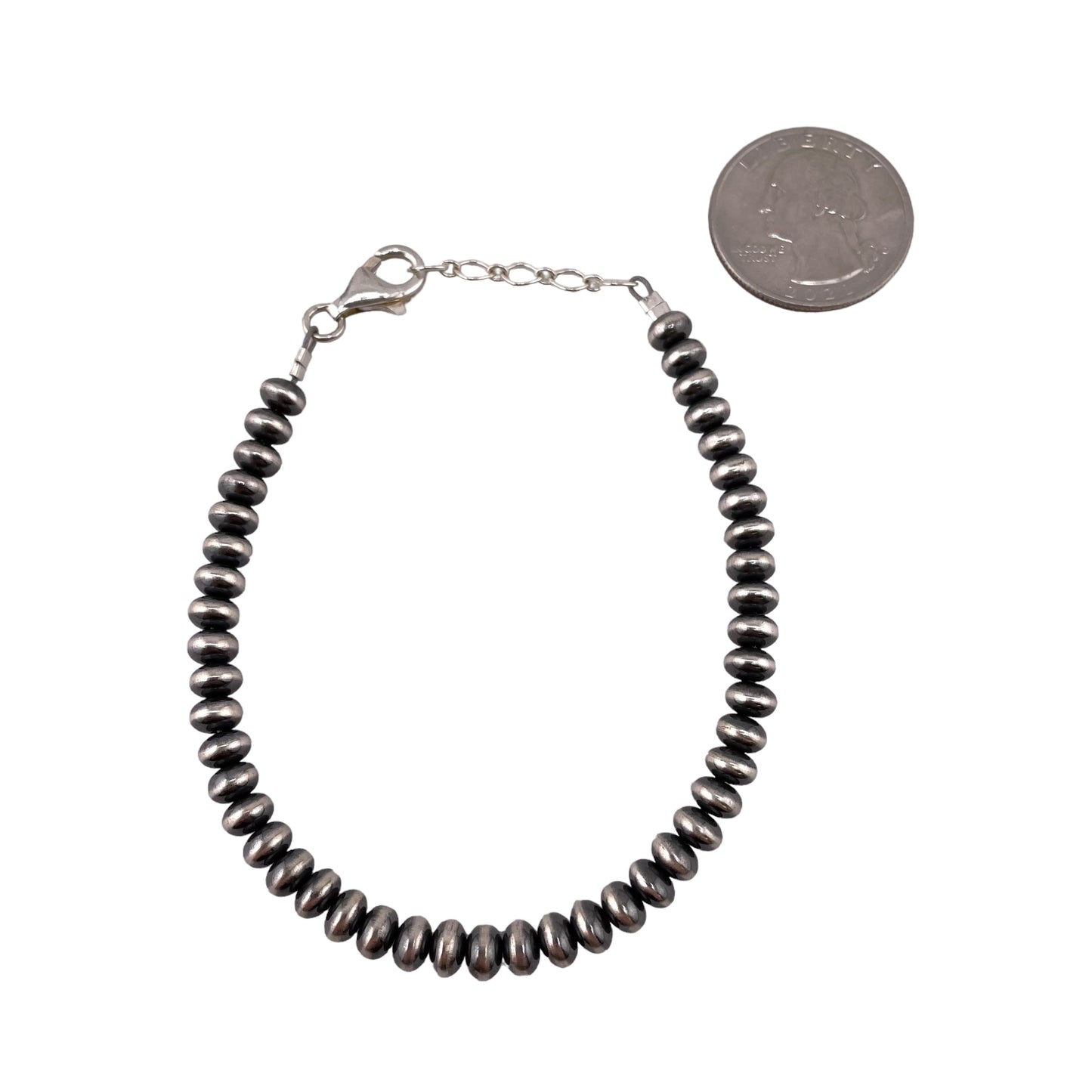 Sterling Silver Desert Pearls Oxidize Saucer Bead Bracelet w/ Extender Chain. Available from 3mm to 9mm