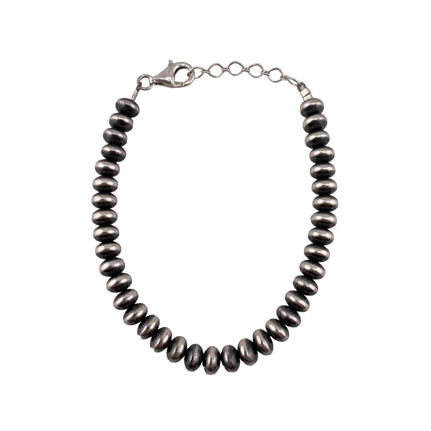 Sterling Silver Desert Pearls Oxidize Saucer Bead Bracelet w/ Extender Chain. Available from 3mm to 9mm