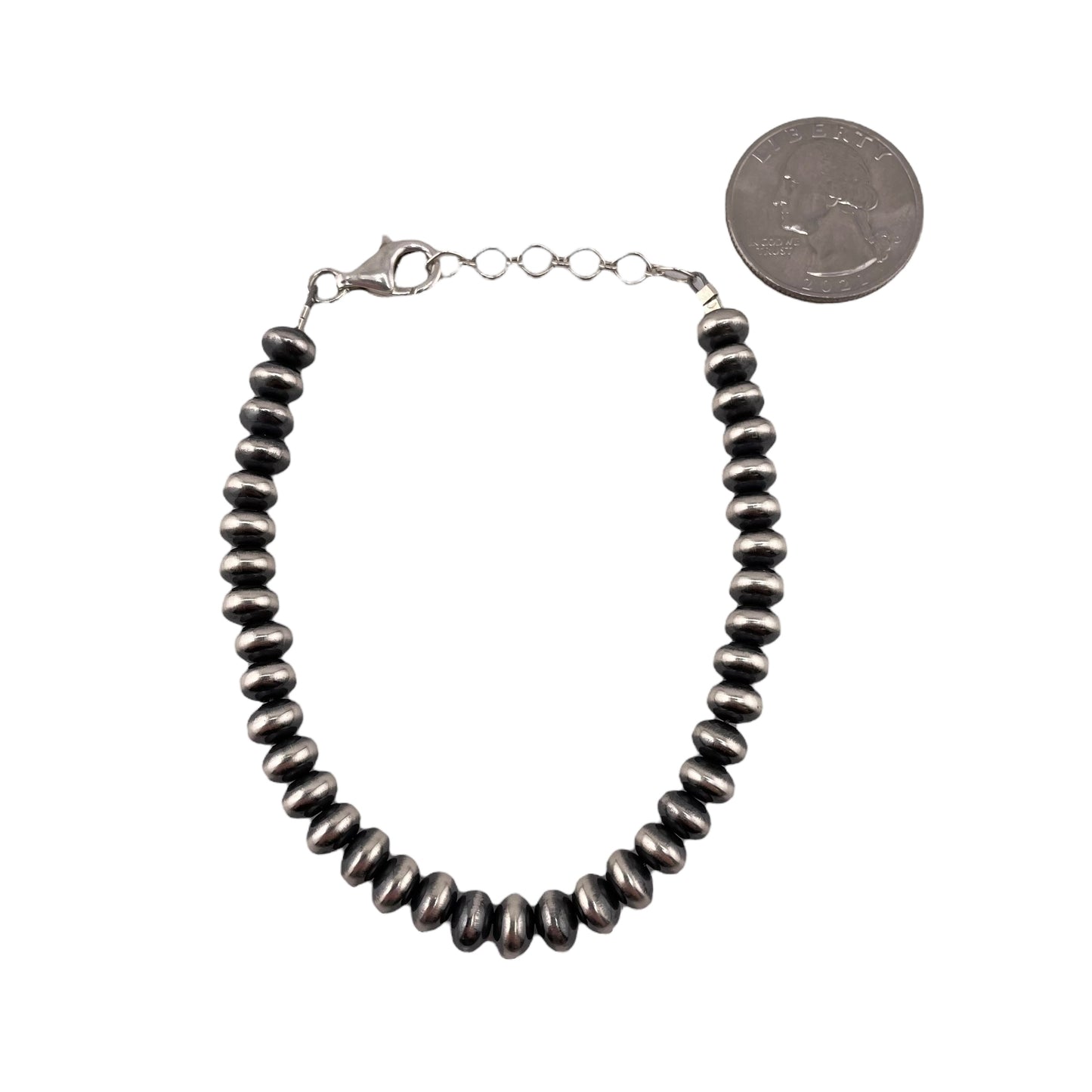 Sterling Silver Desert Pearls Oxidize Saucer Bead Bracelet w/ Extender Chain. Available from 3mm to 9mm