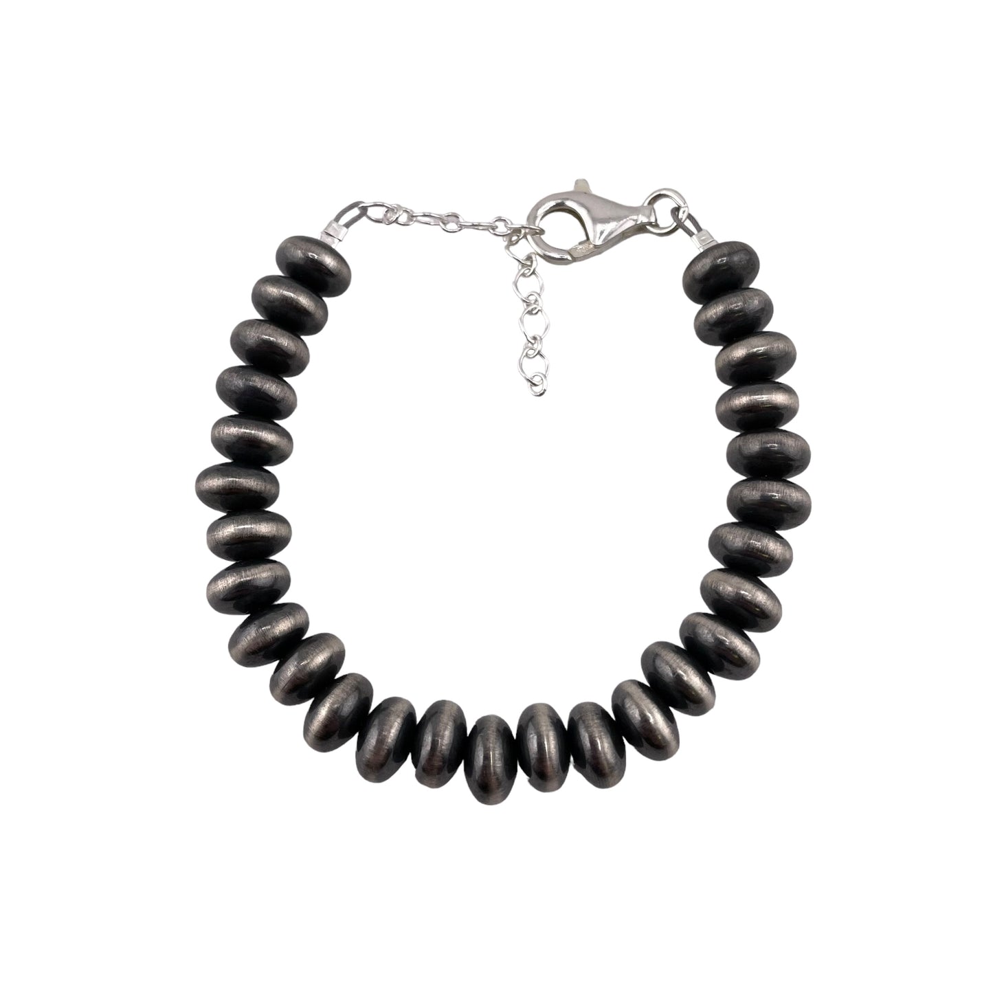 Sterling Silver Desert Pearls Oxidize Saucer Bead Bracelet w/ Extender Chain. Available from 3mm to 9mm