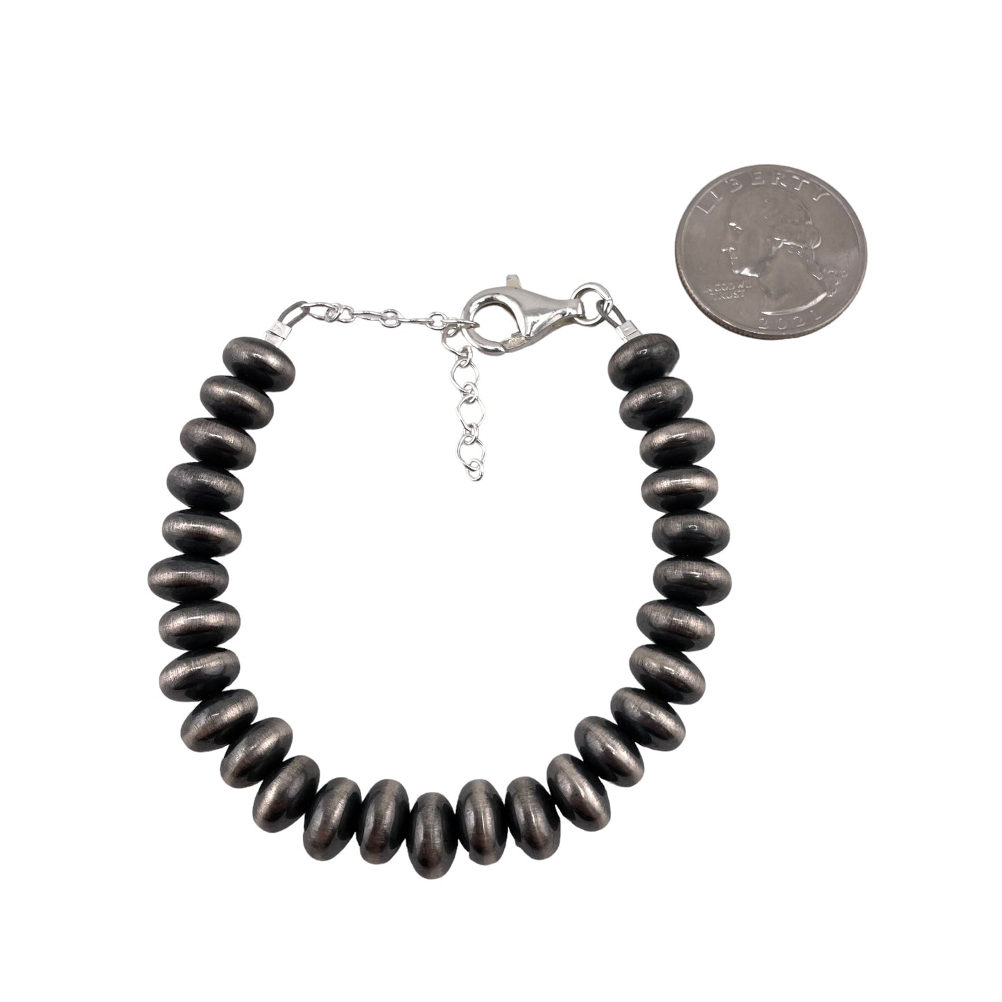 Sterling Silver Desert Pearls Oxidize Saucer Bead Bracelet w/ Extender Chain. Available from 3mm to 9mm