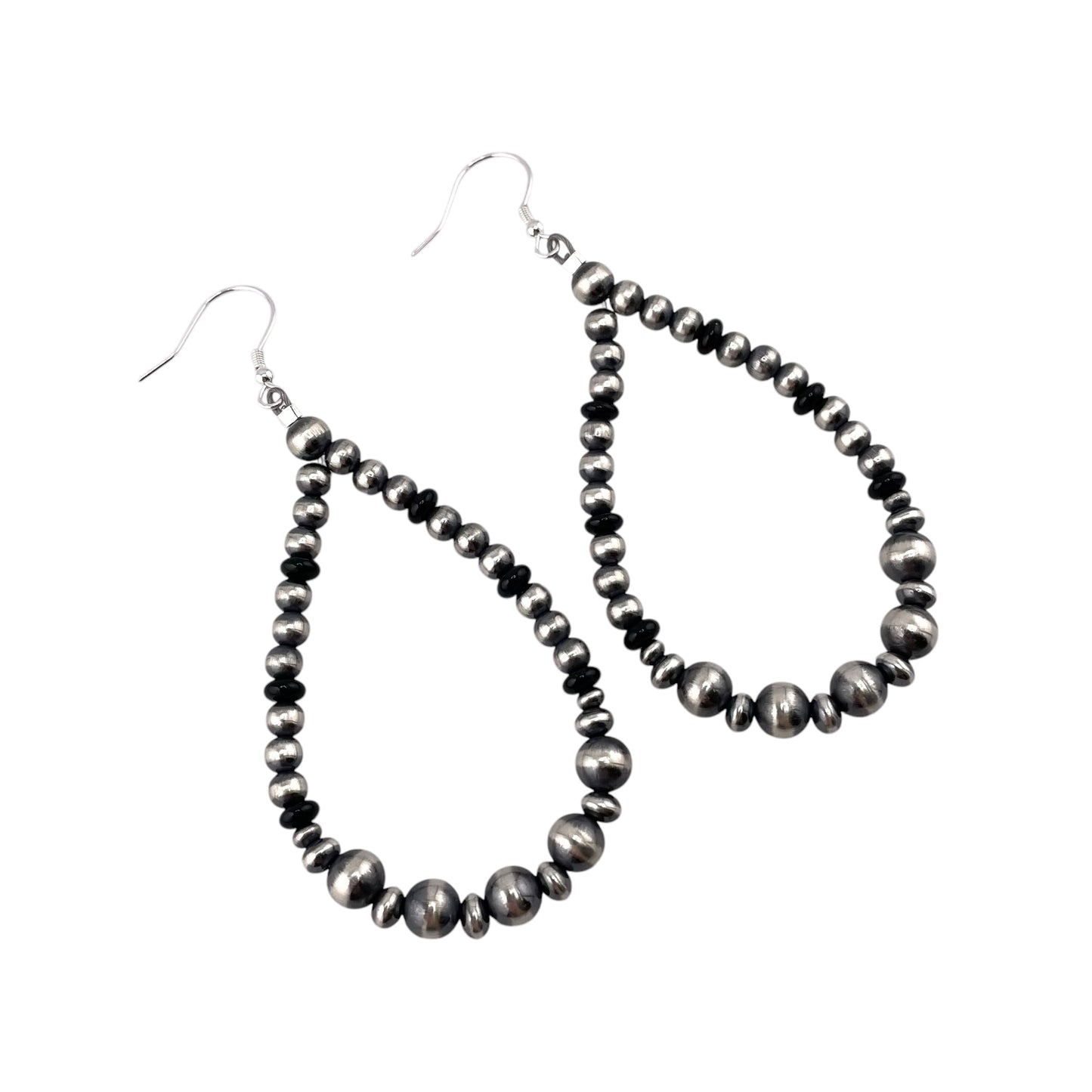 Black Onyx Pearl Bead Dangle Earrings Sterling Silver