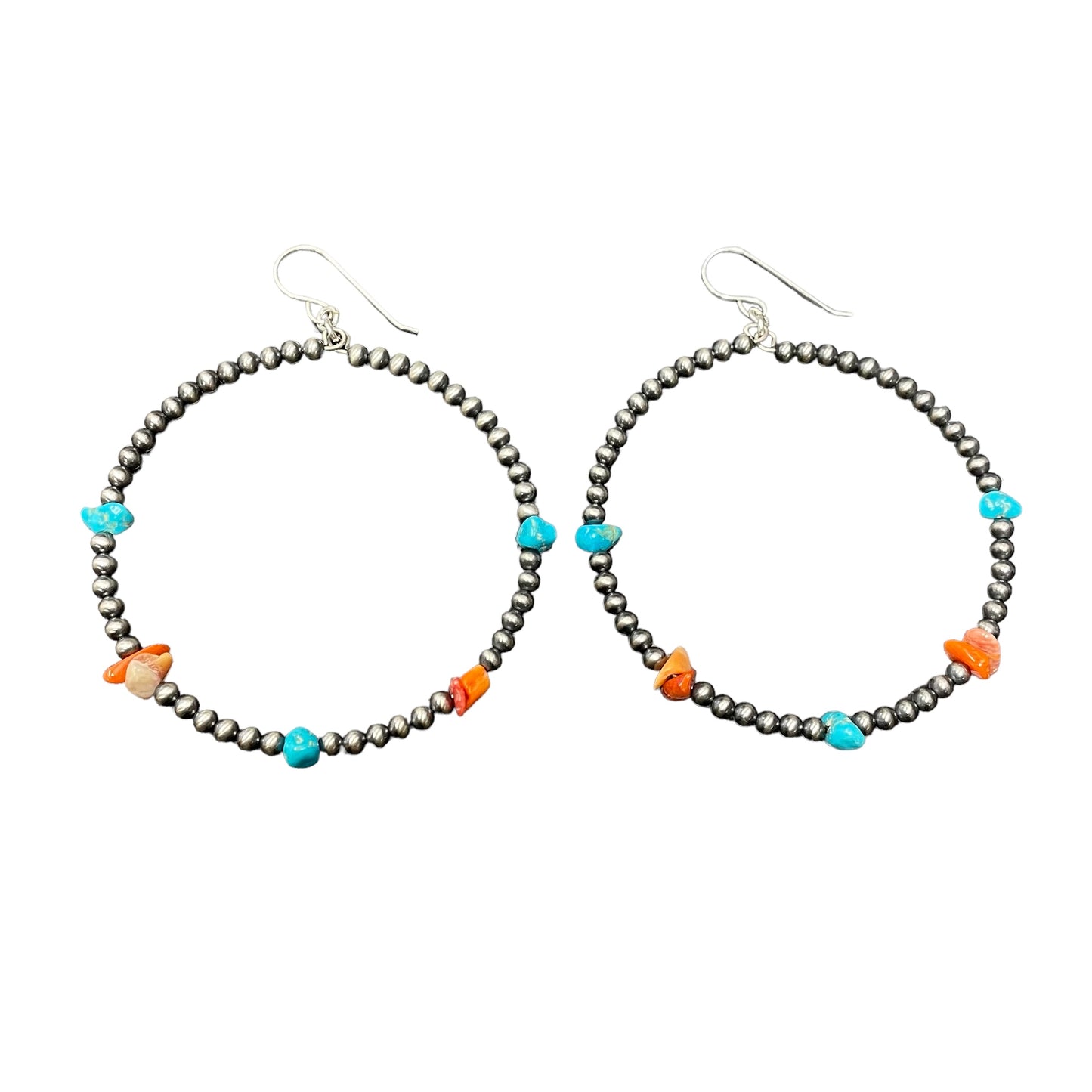 Turquoise & Spiny Oyster Desert Pearl Bead Hoop Earrings Sterling Silver