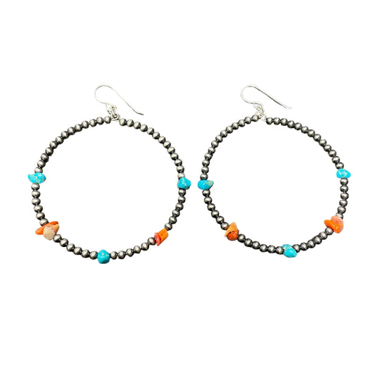 Turquoise & Spiny Oyster Desert Pearl Bead Hoop Earrings Sterling Silver