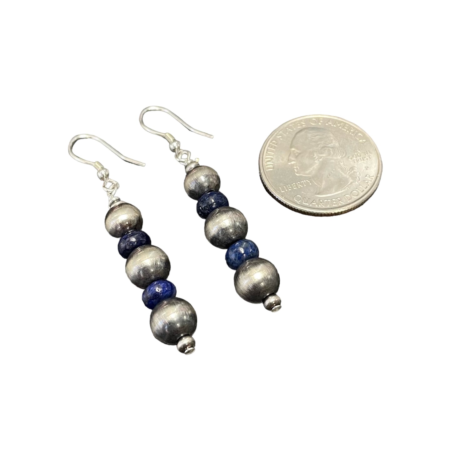 Lapis Desert Pearl Bead Dangle Earrings Sterling Silver