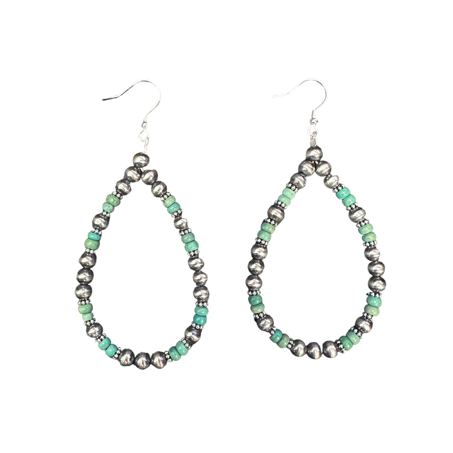 Green Turquoise Desert Pearl Bead Dangle Loop Earrings Sterling Silver