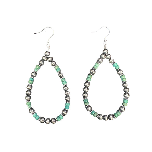 Green Turquoise Navajo Pearl Bead Dangle Loop Earrings Sterling Silver
