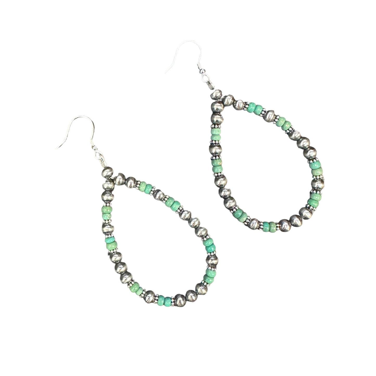 Green Turquoise Navajo Pearl Bead Dangle Loop Earrings Sterling Silver