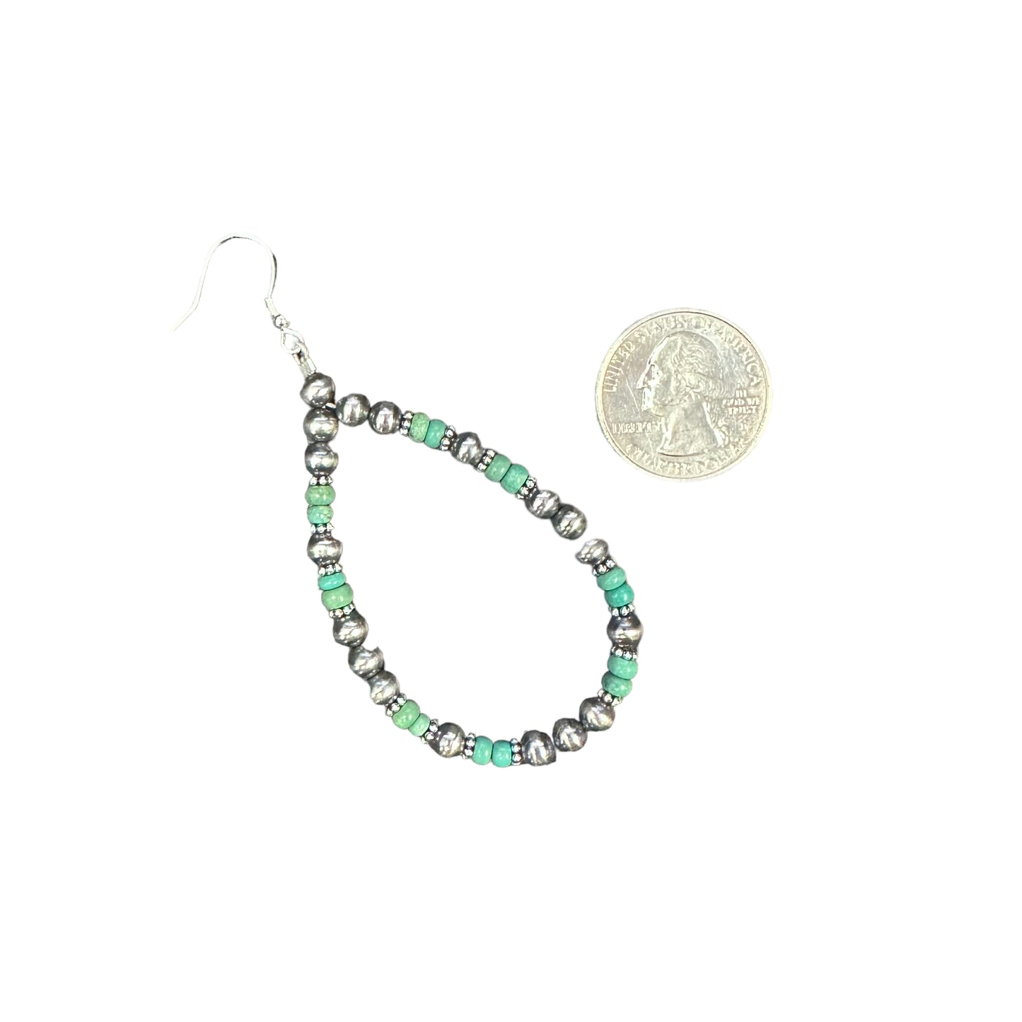 Green Turquoise Navajo Pearl Bead Dangle Loop Earrings Sterling Silver