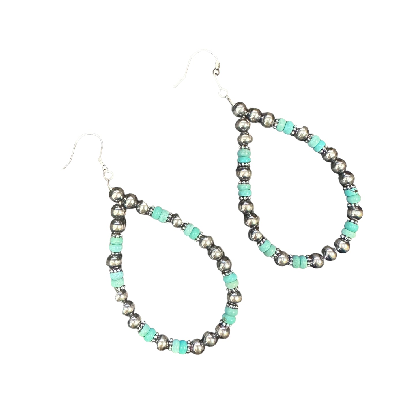 Blue Turquoise Navajo Pearl Bead Dangle Loop Earrings Sterling Silver