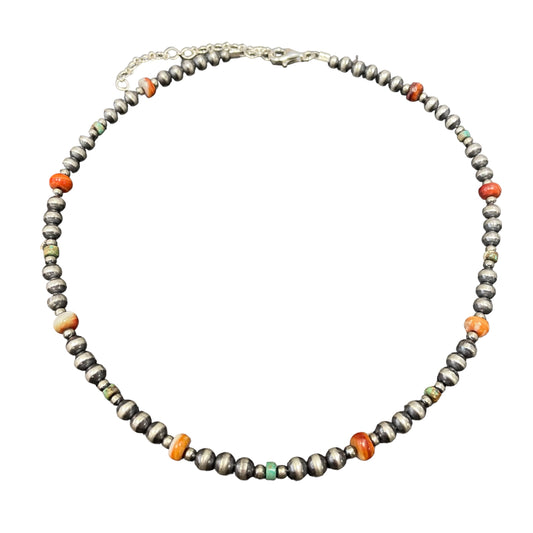 Turquoise & Spiny Oyster Desert Pearl Bead Necklace Sterling Silver