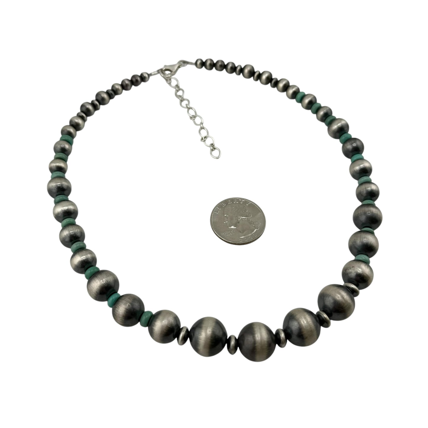 Green Turquoise Desert Pearl Graduated Bead Necklace Sterling Silver