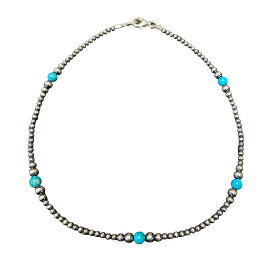Blue Turquoise Desert Pearl Bead Necklace Sterling Silver